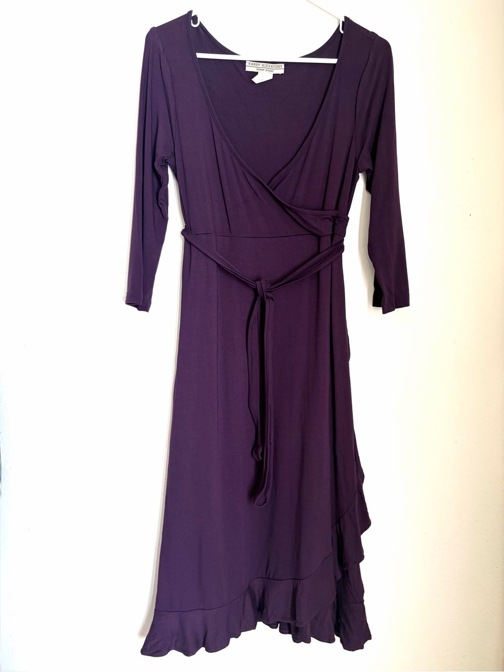 Karen Alexander Boston Proper Plum Ruffle Wrap Dress 3/4 Sleeve